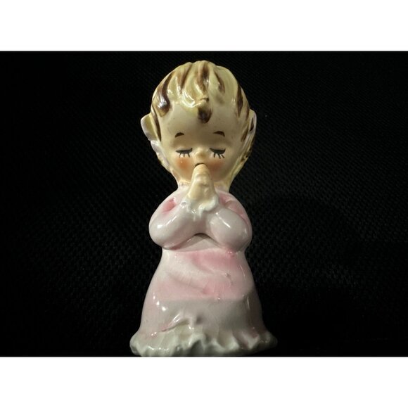 Vintage Lefton Ceramic Praying Girl Figurine In Pink Dress & Bow - Picture 5 of 8